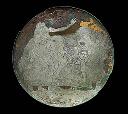 Inner casing of box mirror container with an engraving on a silvered surface. Ancient Greek. Museum of Fine Arts, Boston. Around 340–320 BCE