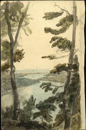 The Niagara River and trees are depicted in the painting.