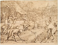 A 1565 Bruegel sketch "Spring" although not part of the Months cycle series it could very well be similar to what Bruegel had in mind when he painted "High Spring" {April/May)