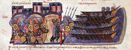 Medieval miniature showing warriors driving a city's populace into their ships