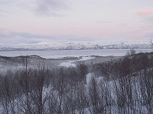 View of Torneträsk lake, frozen, from STF Abisko Turiststation (Jan 2013)
