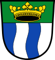 Gemeinde Egling Unter grünem Schildhaupt, darin eine goldene Krone, dreimal wellenförmig gespalten von Silber und Blau.