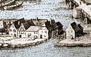Zwei gegenüber liegende Werdermühlen um 1650, rechts die Weserbrücke (nachkoloriert)