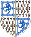 Example of quartered arms (Bowes-Lyon) with tressures in two of the quarters: Quarterly 1 and 4 argent a lion rampant azure, armed and langued gules within a double tressure flory counter-flory of the second (for Lyon); 2 and 3 ermine three bows stringed palewise in fess proper (for Bowes).