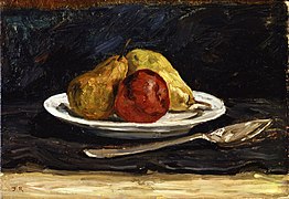Pears and Apple on a Plate (1882) oil on canvas (22,5 x 32 cm) Friends of the Musée Félicien Rops, Namur
