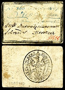 Obverse and reverse of a four-groschen banknote issued during the siege of Kolberg