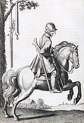 black and white engraving of a dragoon mounted on his horse, showing his armour and weaponry