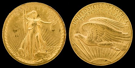 Gold 1907 $20, high relief, "Saint-Gaudens double eagle", USA
