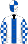 White, royal blue stripe, checked sleeves, quartered cap