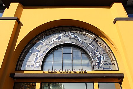 Deco stained glass at the Piscine Molitor by Louis Barillet (1929)