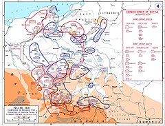 Map showing the dispositions of the opposing forces on 31 August 1939, with the German plan of attack overlaid in pink.