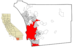 Lage von San Diego im San Diego County (rechts) und in Kalifornien (links)