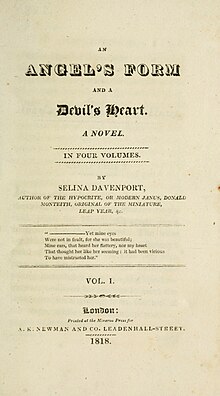 Title page of Selina Davenport's An Angel's Form and a Devil's Heart: a Novel (London: Minerva Press, 1818)