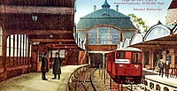 Kolorierte Ansichtskarte des Hamburger U-Bahnhofs Berliner Tor mit Angabe von Streckenlänge und Projektkosten, 1912