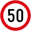 A circular white sign with a red border, with the number "50"