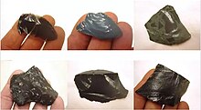 A group of six photos showing hand specimens of glassy volcanic rocks.