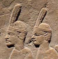 Nubian prisoners.They wear the typical one-feathered headgear of Taharqa's soldiers.[55]