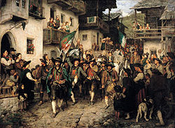 Painting showing armed soldiers and peasants walking through the streets