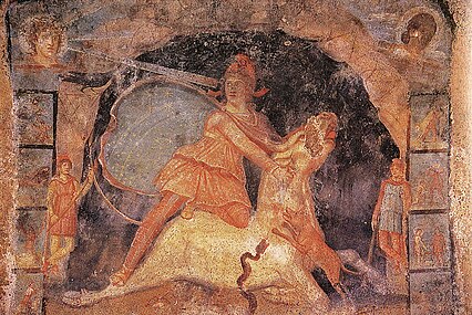 Fresco of Mithras and the Bull from the mithraeum at Marino, 3rd century CE