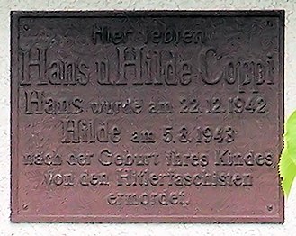 Memorial plaque for Hans and Hilde Coppi located at 23 Seidelstraße Tegel, Germany