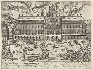 Mutinous troops of the Army of Flanders ransack the Grote Markt during the Sack of Antwerp (engraving of 1576).
