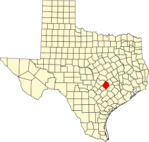 Map of Texas highlighting Bastrop County
