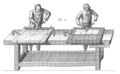 Illustration from L'Art du Menuisier (1769) showing a workbench with holdfasts in use