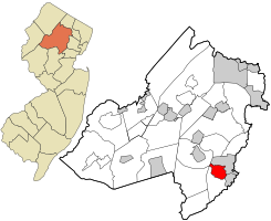 Location of Madison in Morris County highlighted in red (right). Inset map: Location of Morris County in New Jersey highlighted in orange (left).