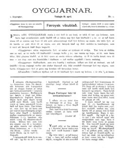 Titelseite der Erstausgabe von Oyggjarnar, der ersten färöischen Frauenzeitschrift, vom 18. April 1905