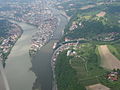 The confluence of the Inn (left), Danube (center), and Ilz (right) in Passau.