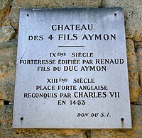 A plaque for the "château des quatre fils Aymon" in Cubzac-les-Ponts