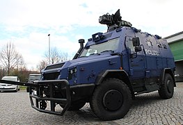 An RMMV Survivor R used by the Saxony State Police. In this configuration, it does not feature the .50 machine gun and grenade launcher remote weapon station used in the standard military configuration.