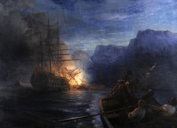 The burning of the Turkish flagship by Kanaris (1881)