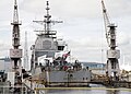 Vicksburg is maneuvered during a docking evolution at BAE Systems Shipyard in Norfolk, March 2020.