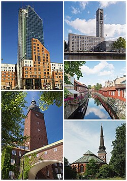 Clockwise from top left: Skrapan, Västerås City Hall, half-timbered buildings alongside Svartån river, Västerås Cathedral and Ottarkontoret