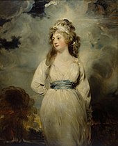 Castlereaghs Frau Amelia Stewart. Sie steht zentral bis leicht versetzt im Bild, sie schaut nach rechts, trägt ein weißes Kleid.
