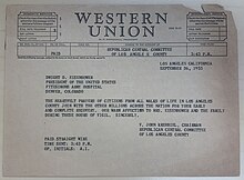 Western Union telegram sent to President Dwight Eisenhower wishing him a speedy recovery from his heart attack on Sept 26, 1955.