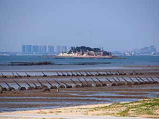 Shi Islet (background) and Anti-landing Spikes on Lesser Kinmen's Shanglin Coast (foreground)