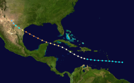 Map showing the track of the storm, beginning east of the Lesser Antilles and ending over Texas