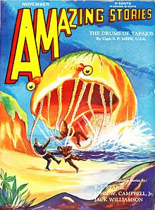 The cover of Amazing Stories vol. 5 #8, featuring a giant sea creature attacking three men with its tentacles.