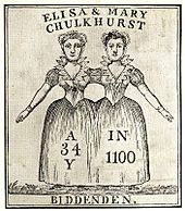 Two women, apparently joined at the shoulder. The women are wearing a single skirt between them. The women's facial features and hair colours are not identical.