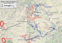 A map showing Union actions and Stuart's responses at the Battle of Brandy Station