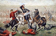 Painting of mounted soldiers fighting with swords
