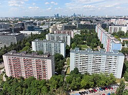 The multifamily residential apartment buildings of the neighbourhood of Domaniewska [pl], in Ksawerów, in 2021.