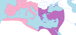 The territory of the Eastern Roman Empire, with the Western Roman Empire depicted in pink.