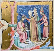 Chronicon Pictum, Hungarian, Hungary, King Stephen III, crown, coronation, bishop, orb, sword, pyramid, Holy Crown of Hungary, medieval, chronicle, book, illumination, illustration, history