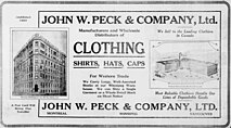 Advertisement of John W. Peck & Co. with two images of Peck buildings: the Winnipeg warehouse and the Montreal factory