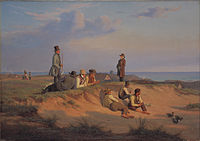 Men of Skagen on a summer evening in fair weather, one of Rørbye's last paintings, painted in Skagen in 1848