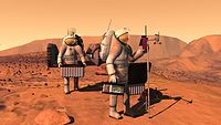 Concept art by NASA of two people in suits on Mars setting up weather equipment.[22]