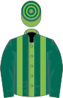 Light green and dark green stripes, dark green sleeves, hooped cap